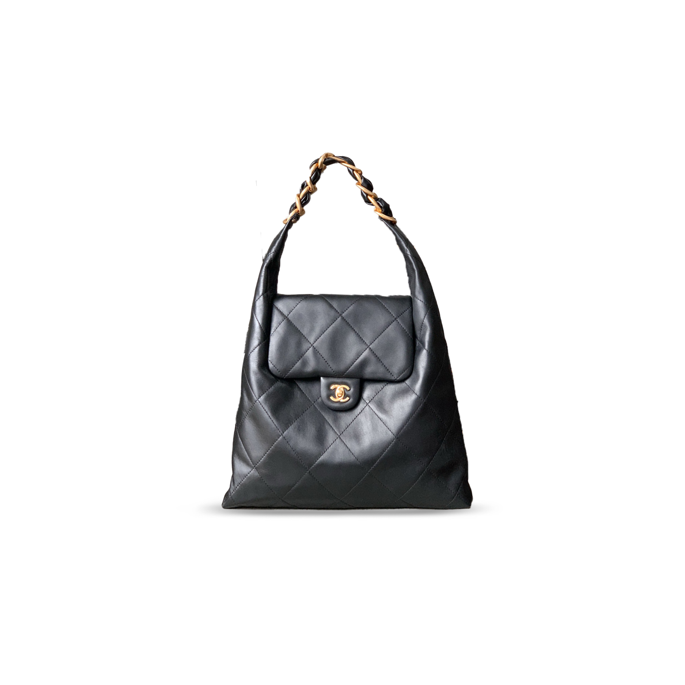 Ch*el large hobo bag calfskin & gold metal black 496584 (36*34*12cm)